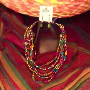 Vintage EsMor 5 Strand Multicolor Beads Necklace with Matching Earrings